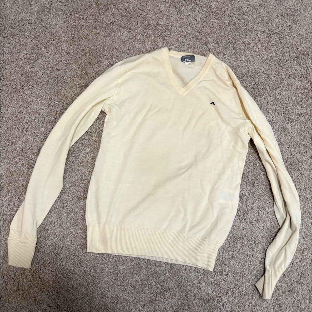 J.Lindeberg Men's Light Cream V-Neck Sweater